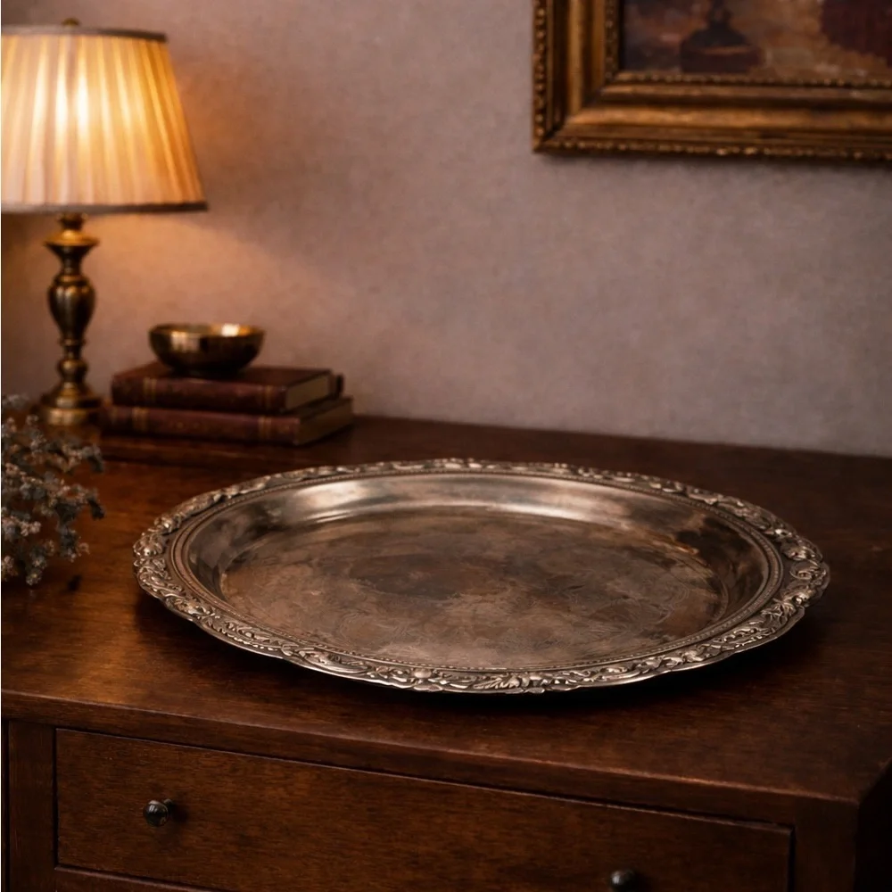 Vintage Ornate Engraved Silverplate Tray Round Heavy Patina